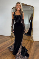 Spaghetti Straps Black Prom Dress Mermaid Corset Velvet Long Evening Dress